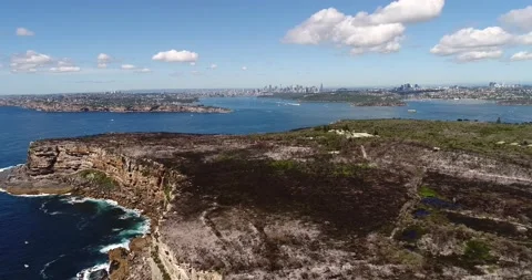 Sandstone cliffs of Sydney North Head to the Entrance to Harbour as 4k. Stock Footage 146306689
