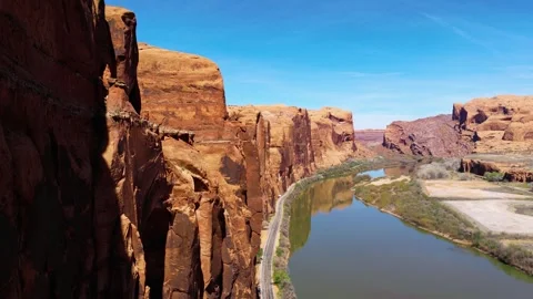 Sandstone Cliffs With The Upper Colorado River And La Sal Mountain Loop Below Stock-Footage 333299166
