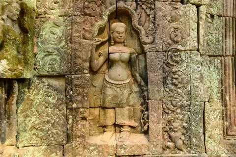 Sandstone devata carving at Ta Som temple Stock Photos