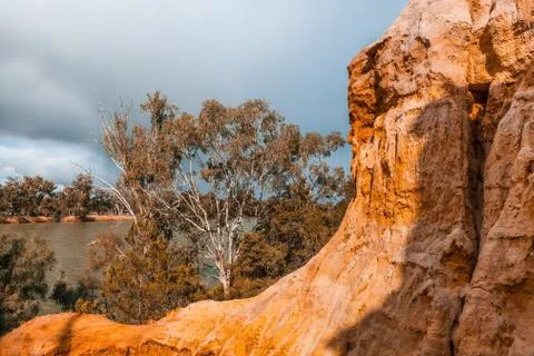 Sandstone eroding cliffs and gum trees on the shores of Murray River. Riverla Stock Photos
