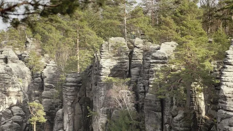 Sandstone rocks, rock massifs in forest. Climbing landscape, big stones Stockbeeldmateriaal 106945220