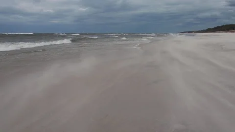 Sandstorm on the beach on a cloudy day - Baltic Sea Stock Footage 152158809