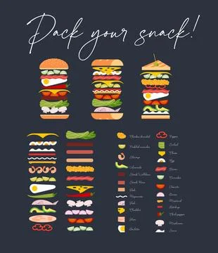 Sandwich and burger with ingredient set dark Stock Illustration