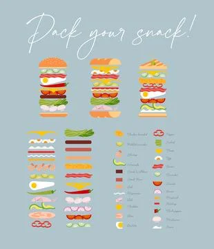 Sandwich and burger with ingredient set light blue Stock Illustration