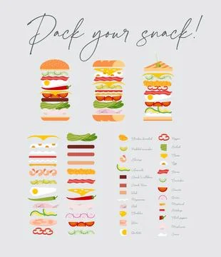 Sandwich and burger with ingredient set Stock Illustration