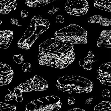 Sandwich and burger sketch pattern. Black food menu backdrop. Shawerma with Illustrazione stock