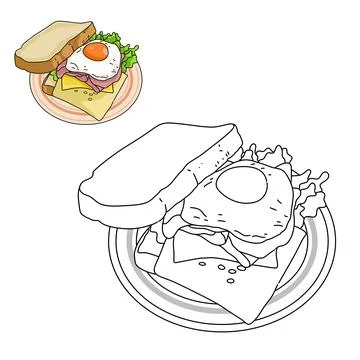 A sandwich and an fried egg, chesee, lettuce, and ham on between slices of plain Stock Illustration