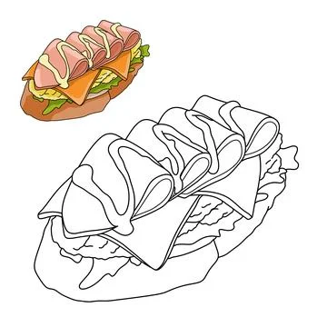 A sandwich and a slice of white bread with ham slice and lettuce and mayonaise , 库存插图
