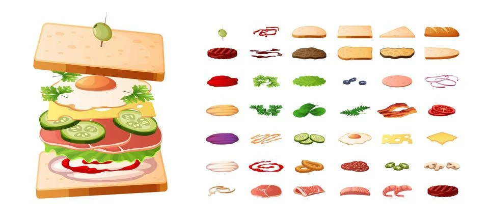 Sandwich constructor. Different tasty snack ingredients, sliced vegetables, egg Stock Illustration