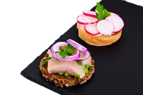 Sandwich of Corn Bread, Herring and Radish Stock Photos