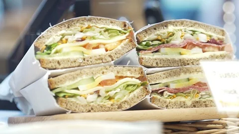Sandwich Cut In Half At Buffet Close Up Stock Footage 119279048