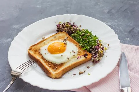 A sandwich with egg in the hole of the bread, microgreens, healthy food Break Stock Photos