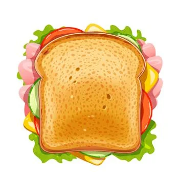 Sandwich. Fried bread with cucumber, bacon, tomato, cheese, lettuce. Stock Illustration