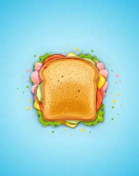 Sandwich. Fried bread with cucumber, bacon, tomato, cheese, lettuce. Stock Illustration