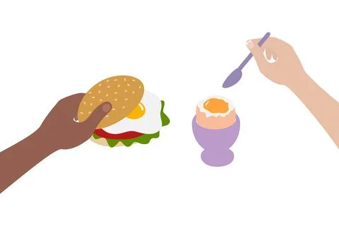 Sandwich with Fried Egg in Mans hand and Soft Boiled Egg in Egg bowl and spoon Stock Illustration