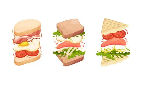 Sandwich with Ingredient Layers Between Bread Slices Vector Set Illustrazione stock