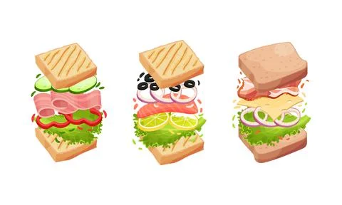 Sandwich with Ingredient Layers Between Bread Slices Vector Set Illustrazione stock