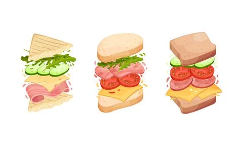 Sandwich with Ingredient Layers Between Bread Slices Vector Set Illustrazione stock