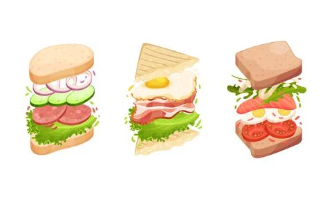 Sandwich with Ingredient Layers Between Bread Slices Vector Set Illustrazione stock