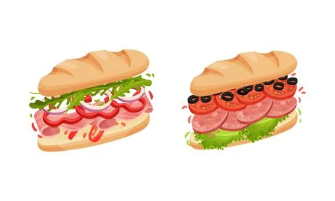 Sandwich with Ingredient Layers Between Bread Slices Vector Set Illustrazione stock