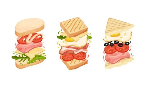 Sandwich with Ingredient Layers Between Bread Slices Vector Set Illustrazione stock