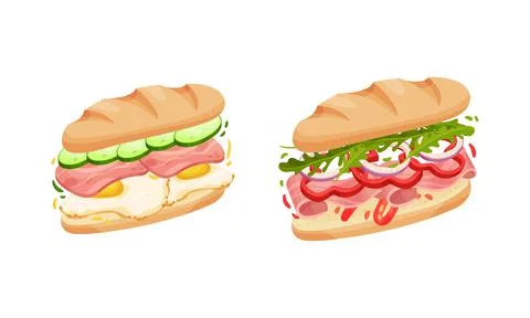 Sandwich with Ingredient Layers Between Bread Slices Vector Set Illustrazione stock