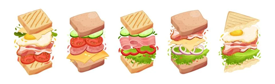 Sandwich with Ingredient Layers Between Bread Slices Vector Set Illustrazione stock