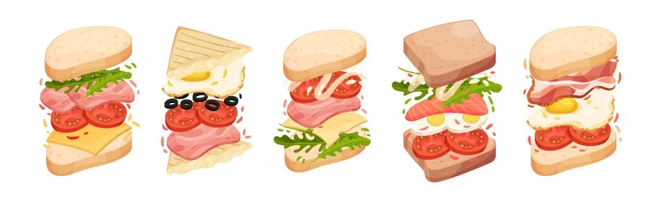 Sandwich with Ingredient Layers Between Bread Slices Vector Set Illustrazione stock