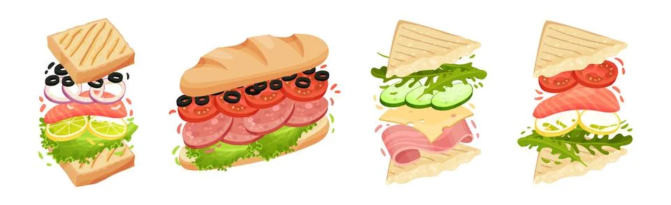 Sandwich with Ingredient Layers Between Bread Slices Vector Set Illustrazione stock