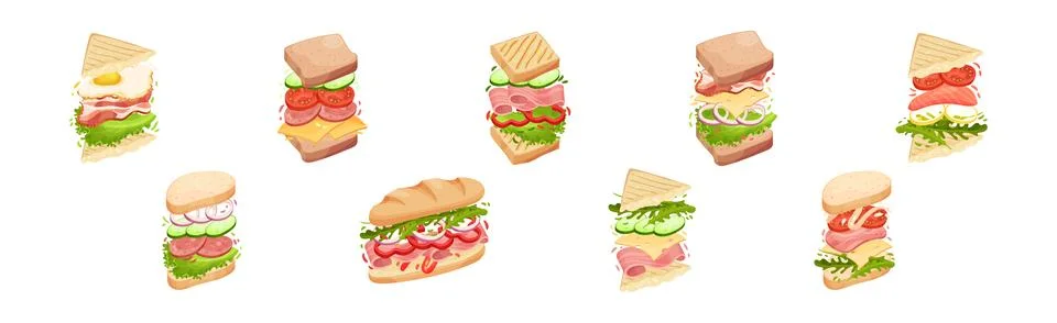 Sandwich with Ingredient Layers Between Bread Slices Vector Set Illustrazione stock