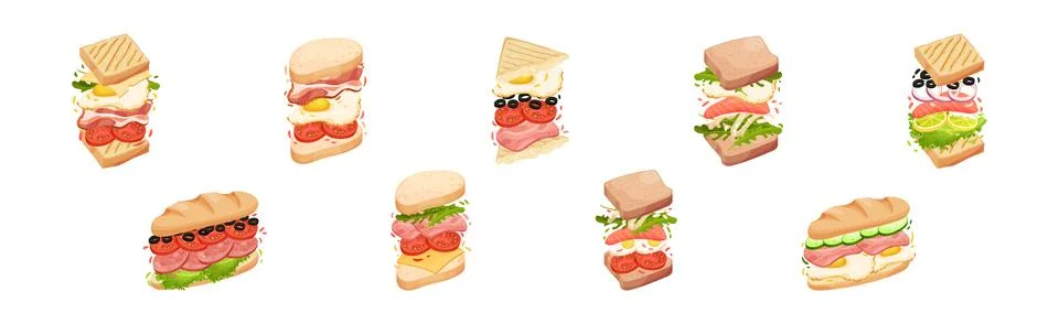 Sandwich with Ingredient Layers Between Bread Slices Vector Set Illustrazione stock