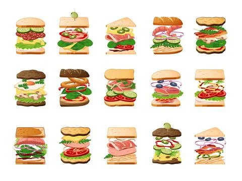 Sandwich ingredients. Multi layered snacks, sliced bread with fresh vegetables Illustrazione stock