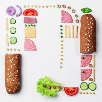 Sandwich ingredients pattern. Creative layout of ingredients on white background Stock Photos