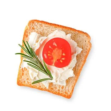 Sandwich made from a slice of white bread with soft cheese and tomato Stock Photos