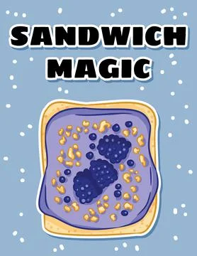 Sandwich magic postcard. Toast bread sandwich with blackberries and purple bu Illustrazione stock