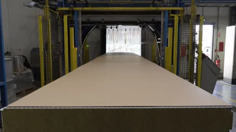 Sandwich Panel Entering Rotating Wrapping Machine on Factory Line Stock Footage 336777666