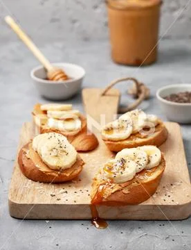 Sandwich with peanut butter, banana Stock Photos