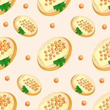 Sandwich seamless pattern with red caviar. Russian traditional delicatessen. Stock Illustration