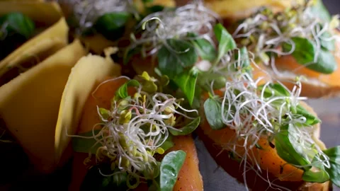 Sandwich with soy bean sprout and cheese being prepared as snacks Stock Footage 150598570