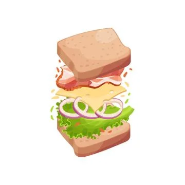 Sandwich on square slices of bread with bacon. Vector illustration on white Stock Illustration