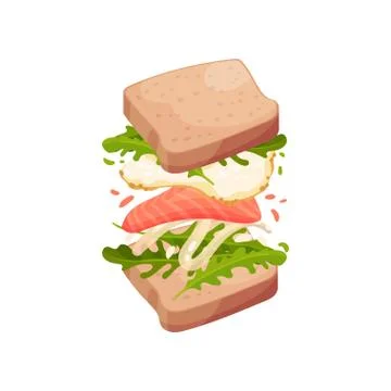 Sandwich on square slices of bread with red fish. Vector illustration on white Stockillustratie