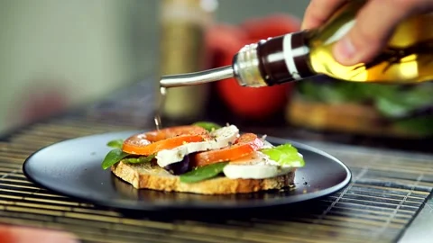 Sandwich Tapas ,Mozzarella Cheese Tomatoes. Italian Restaurant Traditional Food Stock Footage 232846888