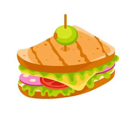 Sandwich with toasted bread, cheese, ham, tomato, lettuce and olive making a Illustrazione stock