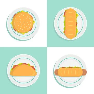 Sandwich top view vector style illustration. Set. Stock Illustration