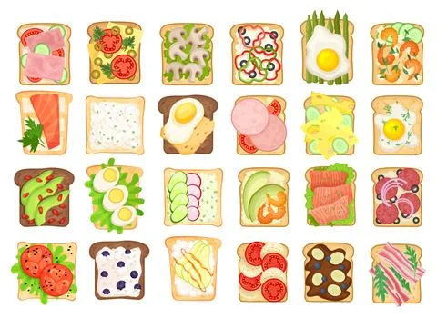 Sandwich with Various Ingredients Like Wurst, Scrambled Egg, Vegetables, Bacon Ilustração Stock