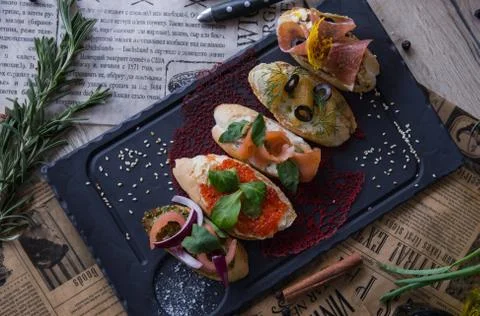 Sandwiches with caviar Stock Photos