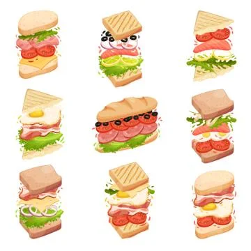 Sandwiches collection. Different forms and composition. Vector illustration. Stock Illustration