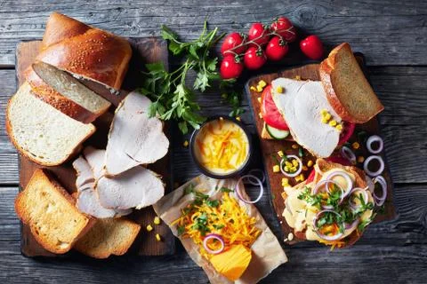Sandwiches with juicy slices of ham and cheese Stock Photos