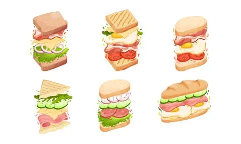 Sandwiches with Multiple Layers Isolated on White Background Vector Set Stockillustratie