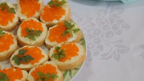 Sandwiches with orange roe Stock Footage